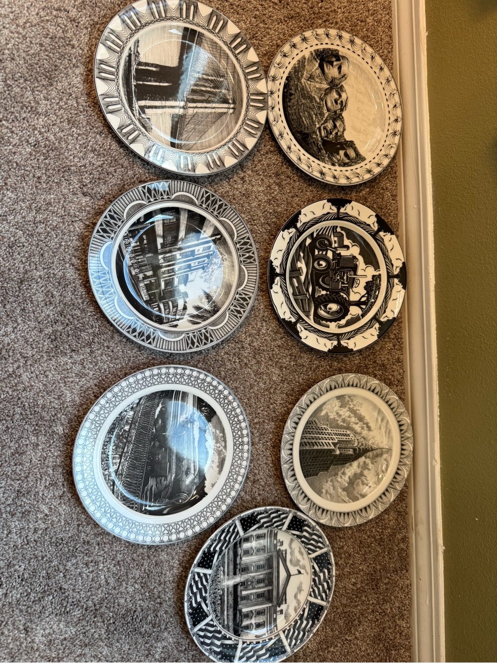 222 Fifth Slice of life Set of 7 Decorative Black & White Landmark Plates